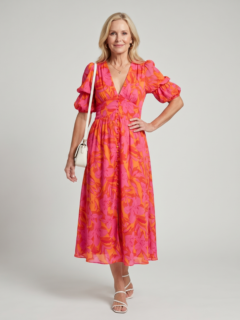 Zarelle | Vestido midi con escote en V y mangas abullonadas, en un estampado floral audaz