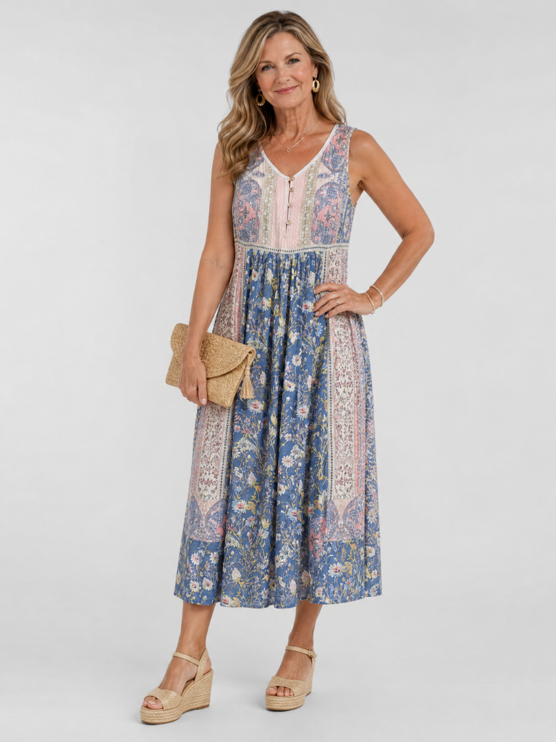 Lemez | Vestido midi sin mangas con estampado floral mixto y detalle de botones