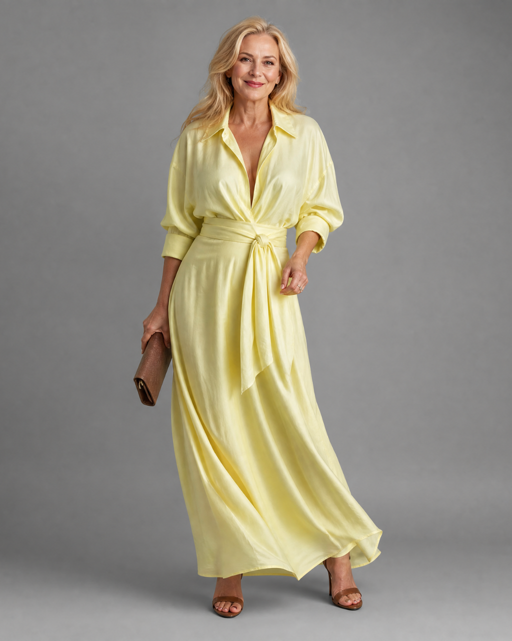 Zelith | Vestido midi fluido con cuello camisero, mangas largas y cinturón