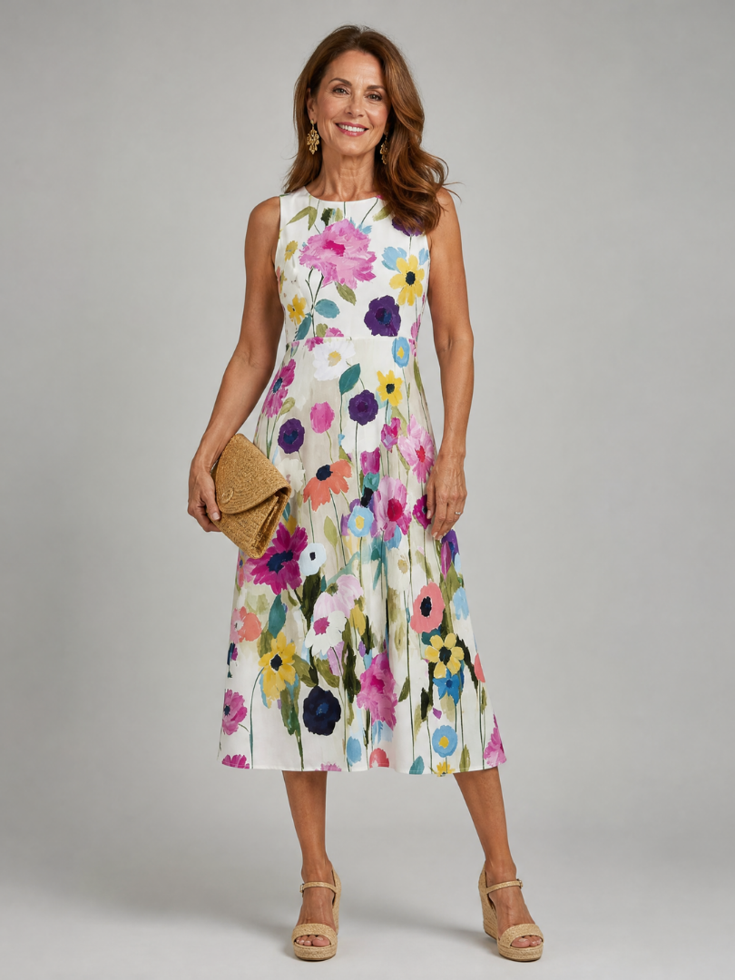Flory | Vestido midi con estampado floral, sin mangas y cuello redondo