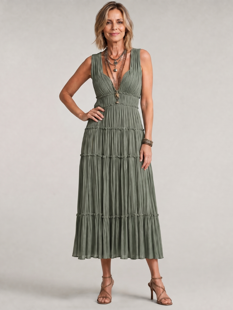Somala | Vestido midi plisado sin mangas, con falda en capas y escote en V