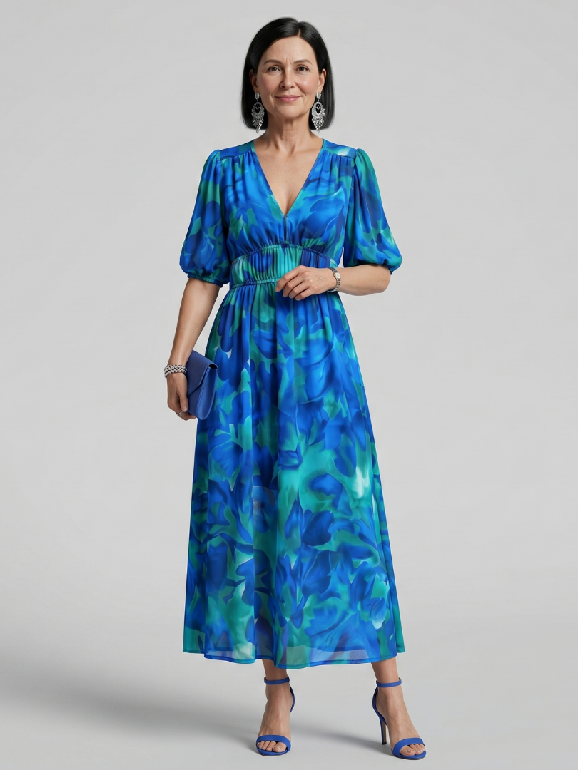 Candlia | Vestido midi de estampado abstracto con escote en V y mangas abullonadas