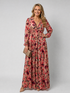 Camelo | Vestido maxi de estampado floral, mangas largas y falda en capas