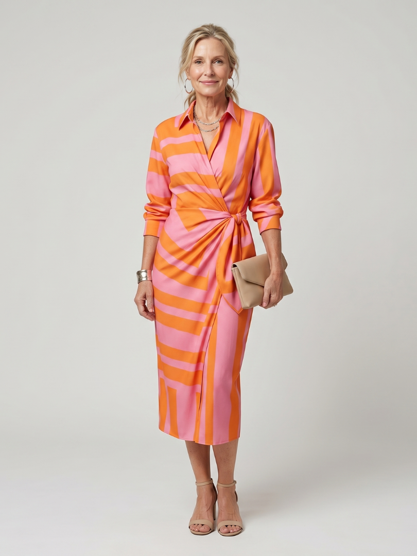 Leya | Vestido midi cruzado de rayas, con cuello camisero y mangas largas