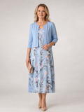 Celeste | Vestido midi con estampado floral y chaqueta corta sin mangas a juego