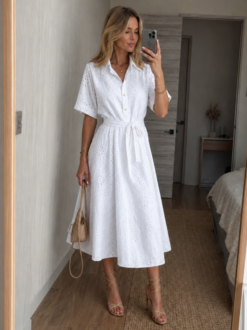 Eden | Vestido midi de manga corta con botones delanteros y fajín con lazo en la cintura