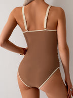 Emoswims - Womens Tummy Control Swimsuit Color Block One Piece Bathing Suits Slimming Double Straps Swimwear High Cut Swim Suit
