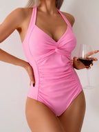 Emoswims - Women's One Piece Swimsuit V Neck Halter Swimwear Twist Front Ruched Tummy Control Bathing Suit