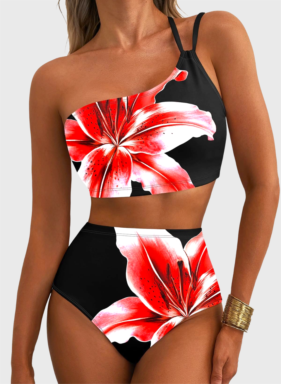 Emoswim - Women's High Waisted Bikini Sets One Shoulder Floral Print Swimsuits 2 piece Tummy Control Bathing Suits