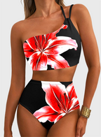 Emoswim - Women's High Waisted Bikini Sets One Shoulder Floral Print Swimsuits 2 piece Tummy Control Bathing Suits