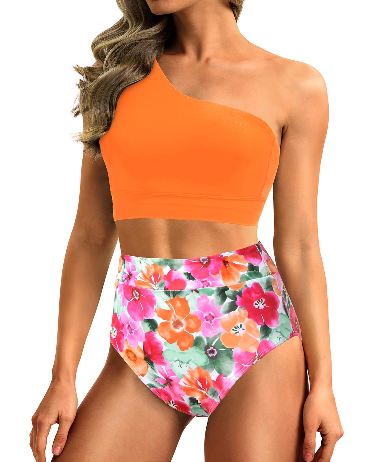 Emoswim - One Shoulder High Waisted Bikini Sets Two Piece Swimsuit Tummy Control-Orange Floral