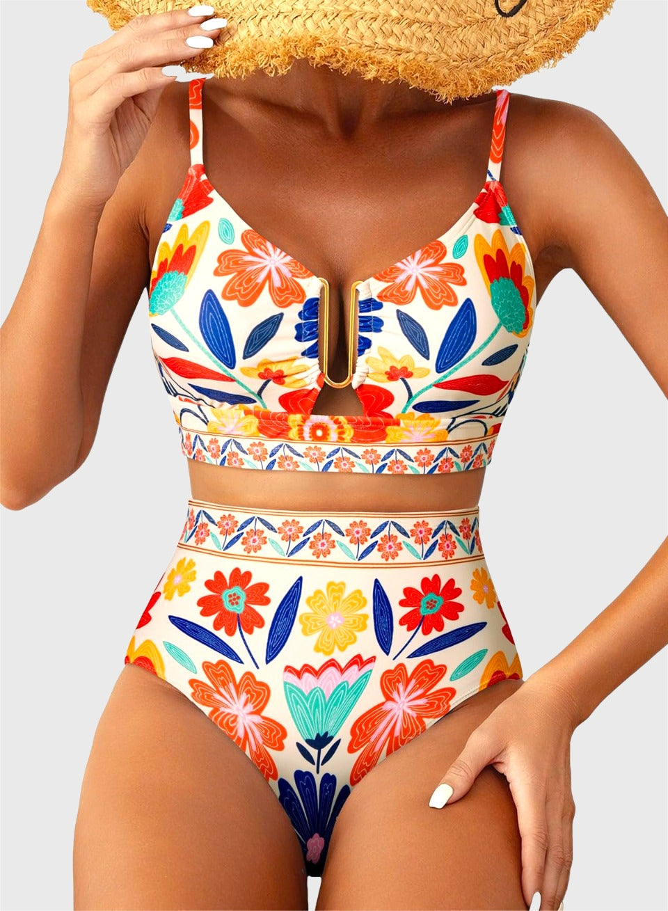 Emoswim - 2026 Summer Two Piece Bikini Set U-Wire Cutout High Waisted Swimsuit-Orange Floral