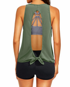 Emoswim - Women's 3 Piece Scoop Neck Criss Cross Tankini Swimsuits-Army Green Stripes