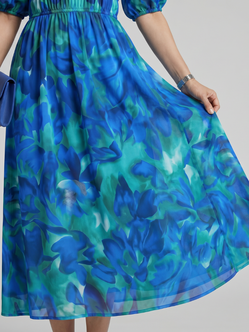 Candlia | Vestido midi de estampado abstracto con escote en V y mangas abullonadas