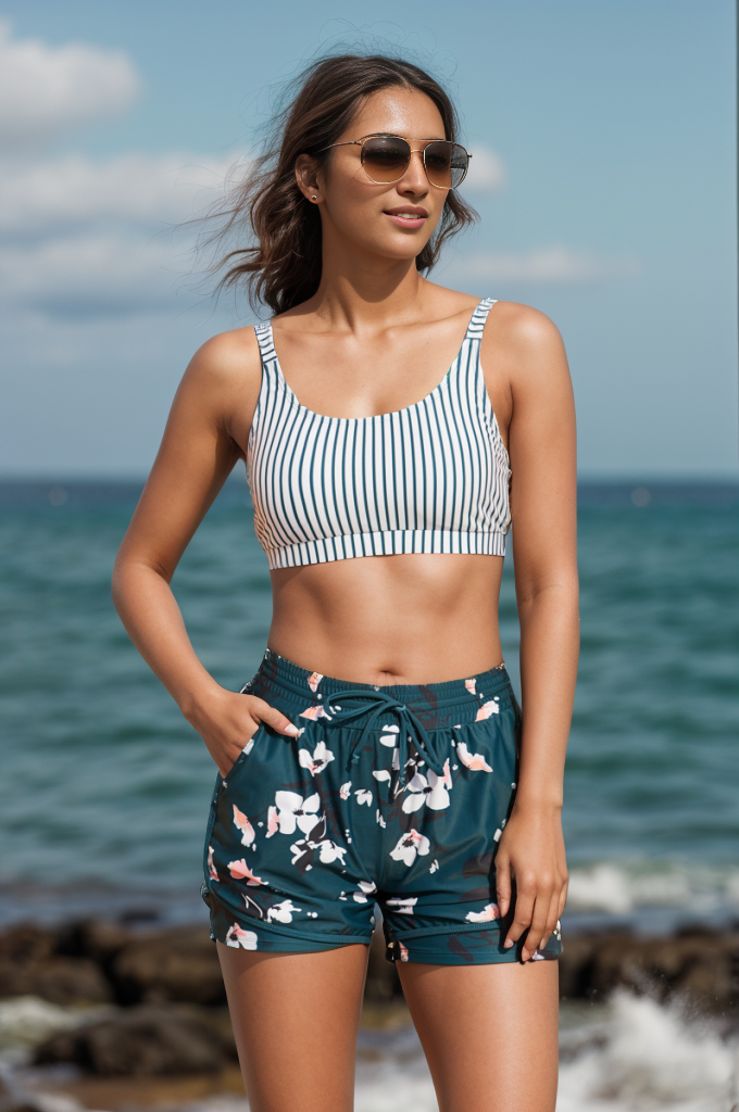 Emoswims - Stripes Square Neck Wide Straps Sporty Bikini Top with Boy Short Set