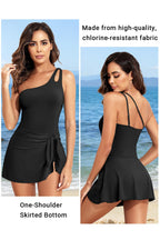 Emoswims - One Shoulder One Piece Swim Dress for Women Tummy Control Swimsuit with Skirt