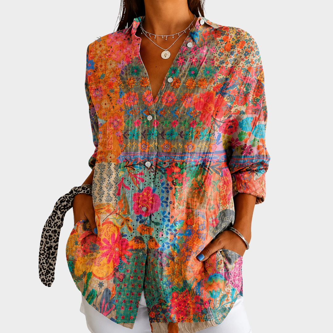 Blusa Patchwork Flores Silvestres con Botones