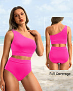 Emoswim - One Shoulder High Waisted Bikini Sets Two Piece Swimsuit Tummy Control-Pink