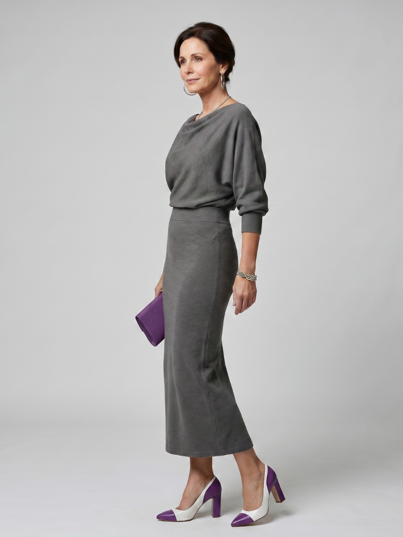 Romy | Vestido midi con escote drapeado y falda entallada