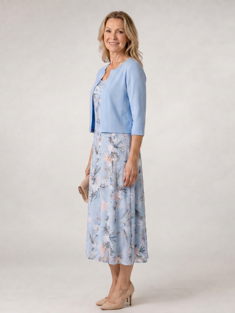 Celeste | Vestido midi con estampado floral y chaqueta corta sin mangas a juego