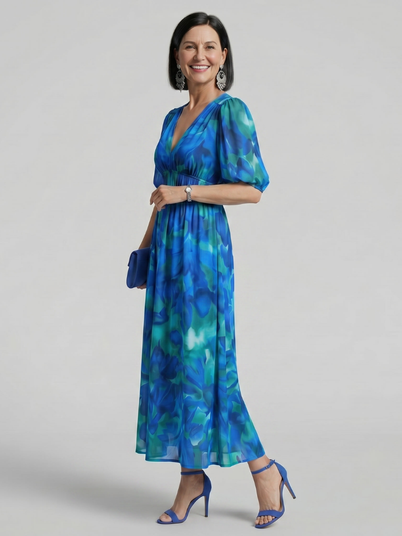 Candlia | Vestido midi de estampado abstracto con escote en V y mangas abullonadas