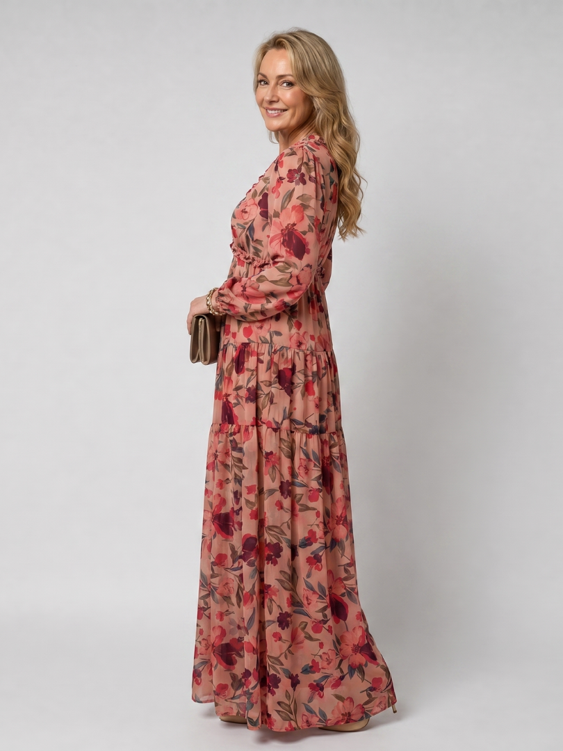 Camelo | Vestido maxi de estampado floral, mangas largas y falda en capas