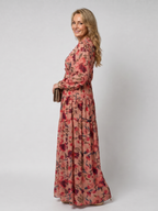 Camelo | Vestido maxi de estampado floral, mangas largas y falda en capas