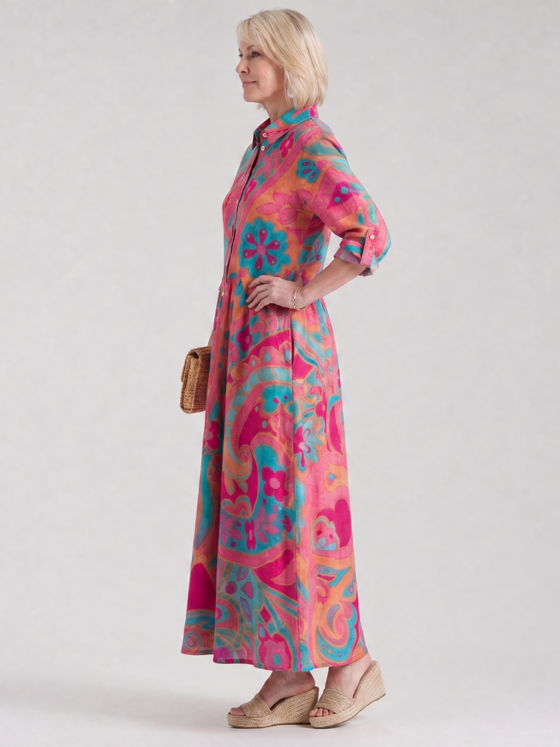Klera | Vestido midi estampado con cuello camisero y abotonado delantero