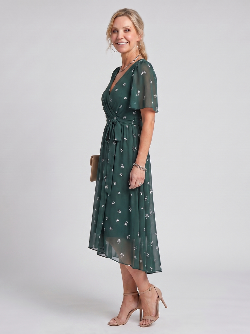 Mirabel | Vestido midi con estampado floral, mangas con volante y cintura fruncida