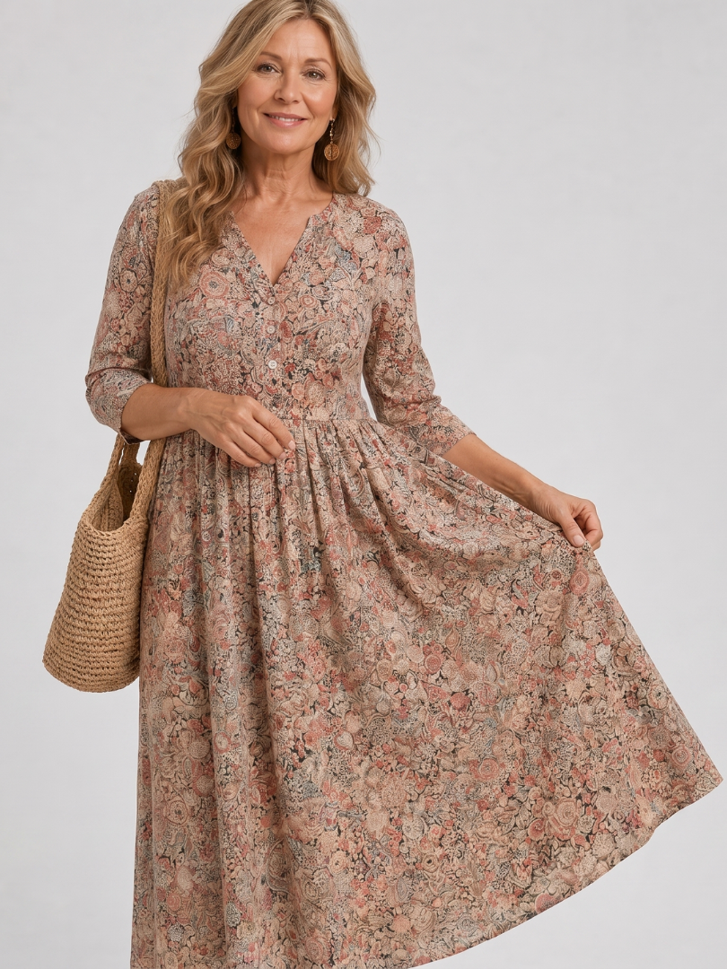Picao | Vestido midi de aire vintage con abertura frontal y mangas tres cuartos