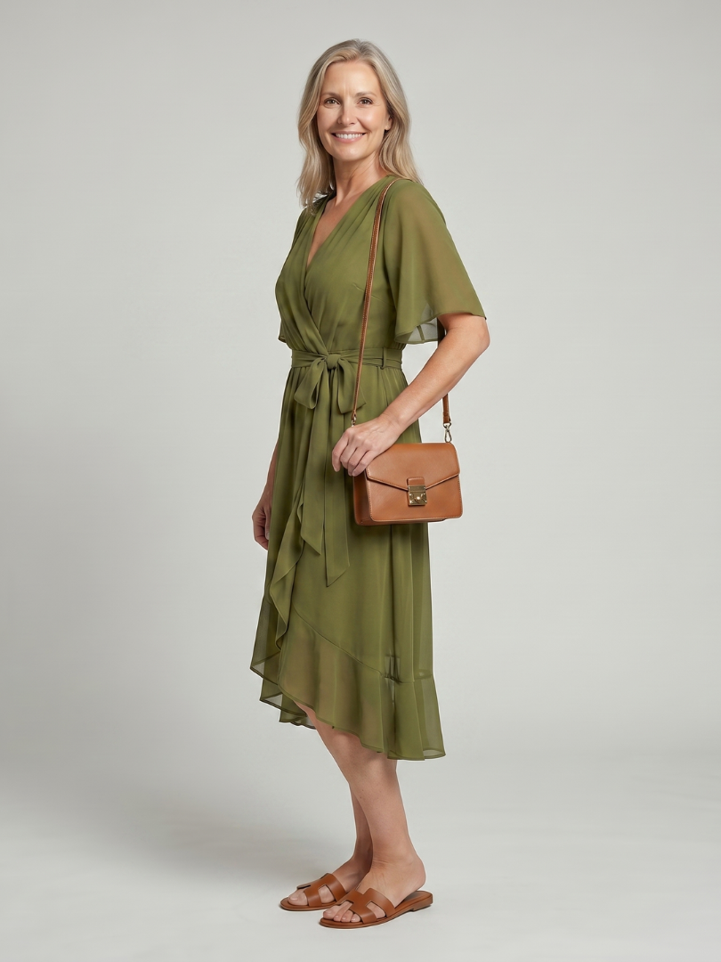 Keziah | Vestido midi envolvente de manga corta, con falda fluida y dobladillo suave