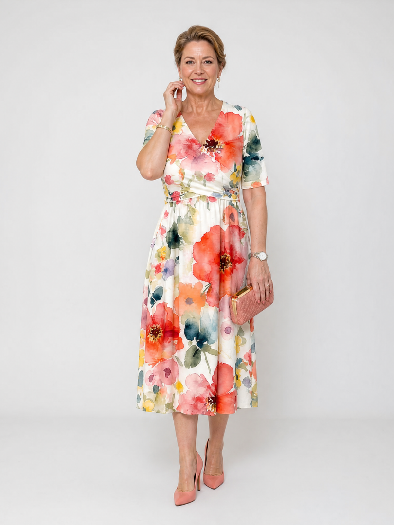 Corinne | Vestido midi con estampado floral, escote en V y mangas cortas