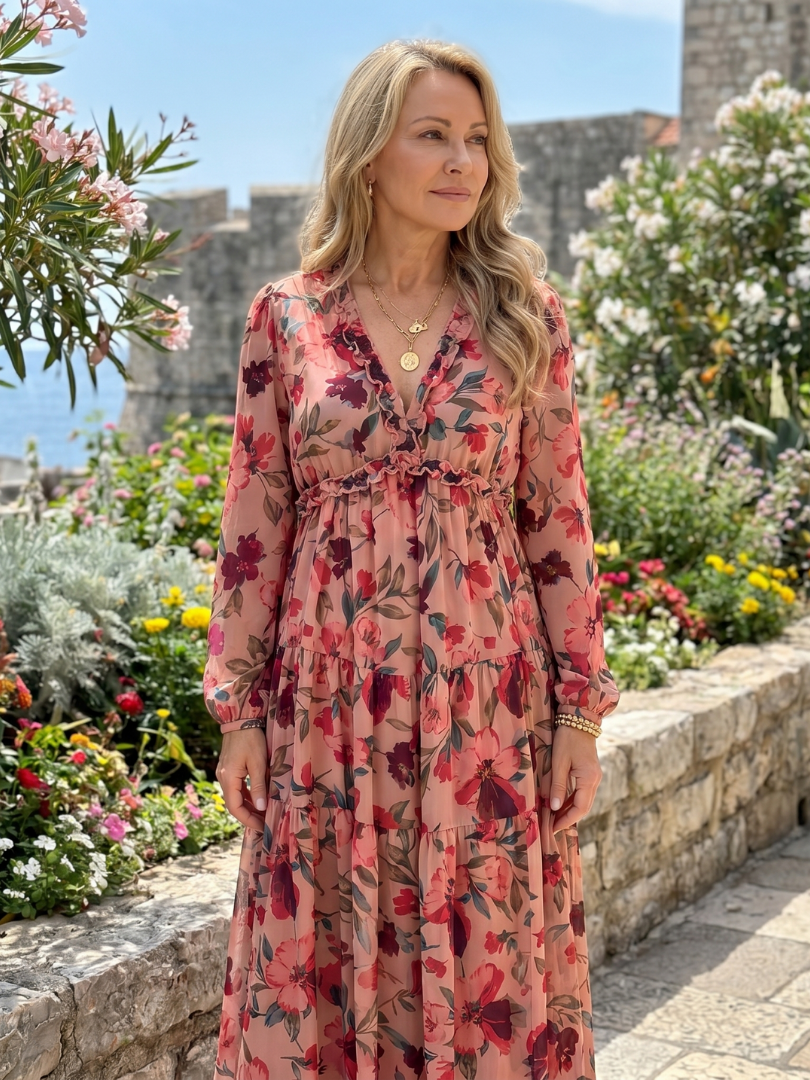 Camelo | Vestido maxi de estampado floral, mangas largas y falda en capas