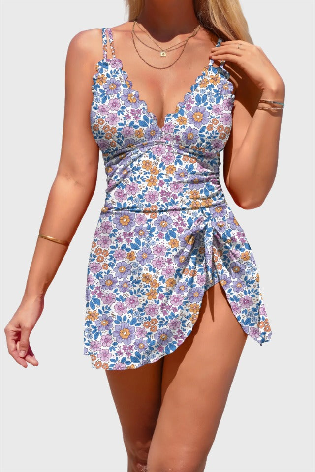 Emoswim - Womens One Piece Swimsuit Tummy Control Bathing Suit Scalloped Modest Tie Knot Swim Dress