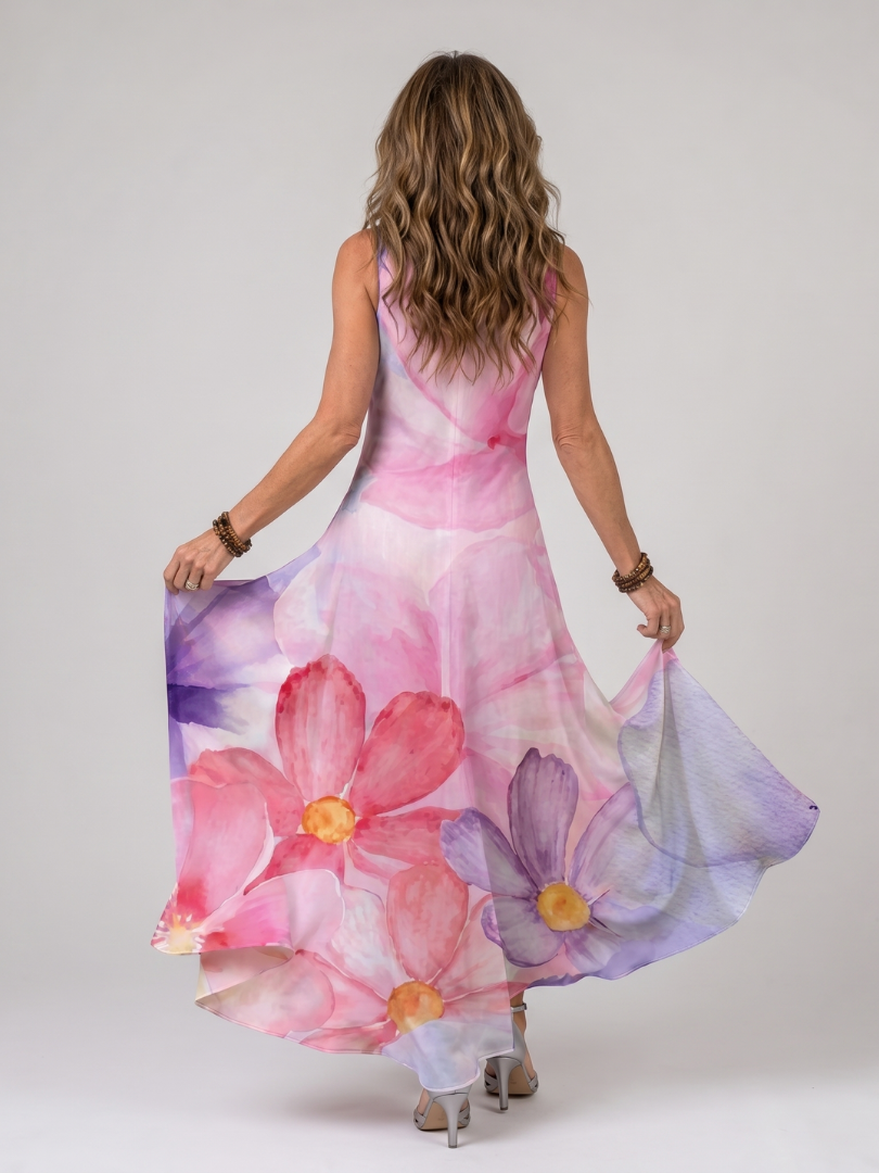 Nemen | Vestido midi fluido sin mangas con delicado estampado floral en acuarela
