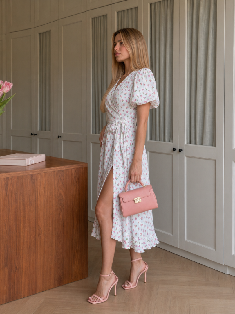 Otelene | Vestido midi cruzado de manga corta con estampado floral