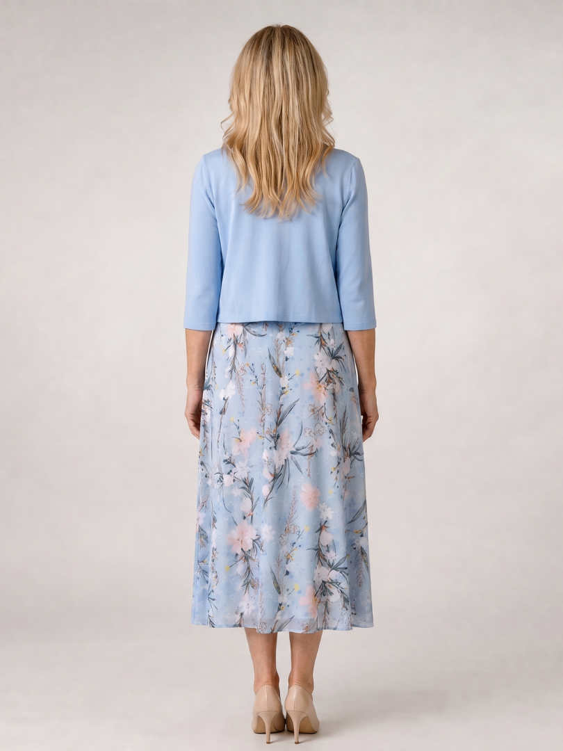 Celeste | Vestido midi con estampado floral y chaqueta corta sin mangas a juego