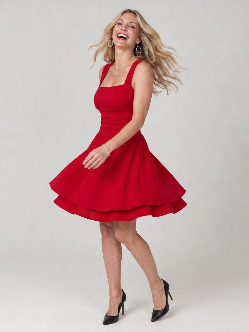 Celen | Vestido mini sin mangas con escote cuadrado y falda con vuelo