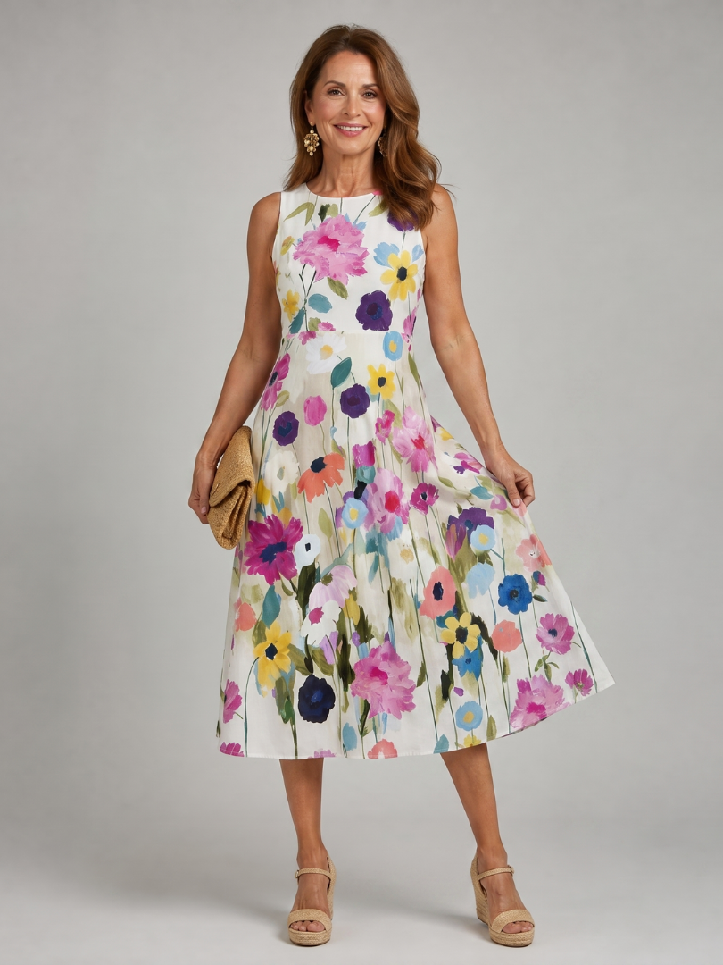 Flory | Vestido midi con estampado floral, sin mangas y cuello redondo