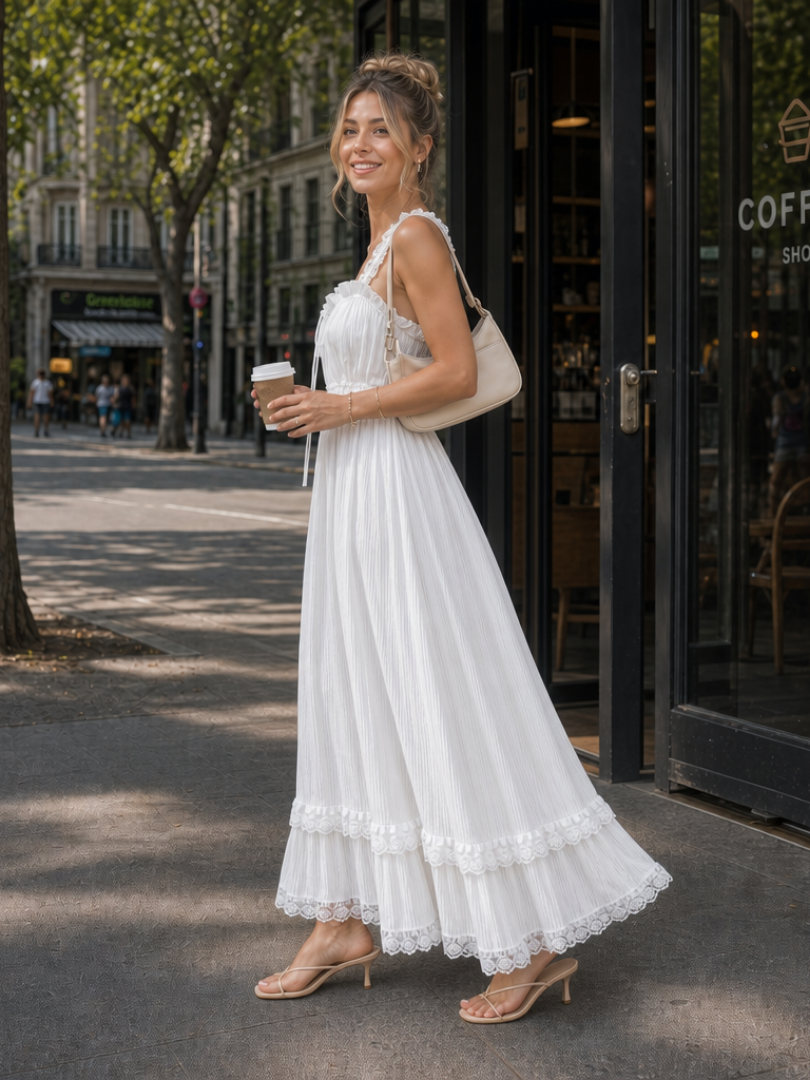 Leach | Vestido midi sin mangas, con tirantes con volantes y falda vaporosa
