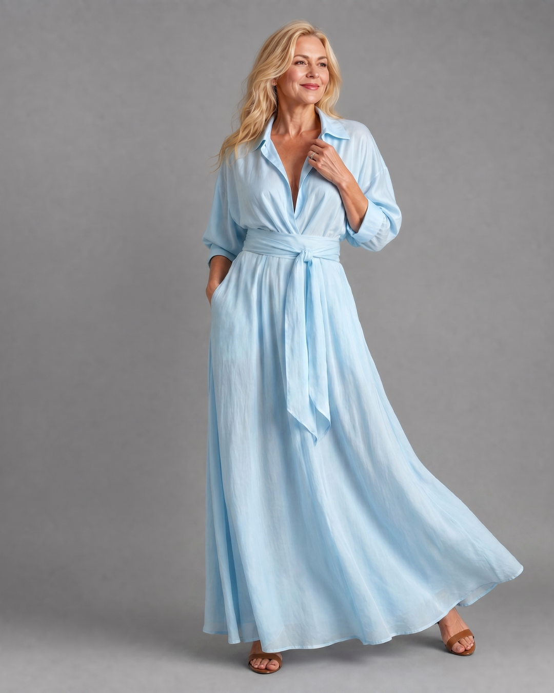 Zelith | Vestido midi fluido con cuello camisero, mangas largas y cinturón
