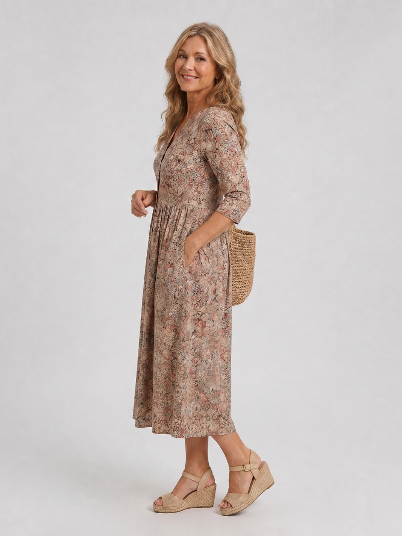 Picao | Vestido midi de aire vintage con abertura frontal y mangas tres cuartos