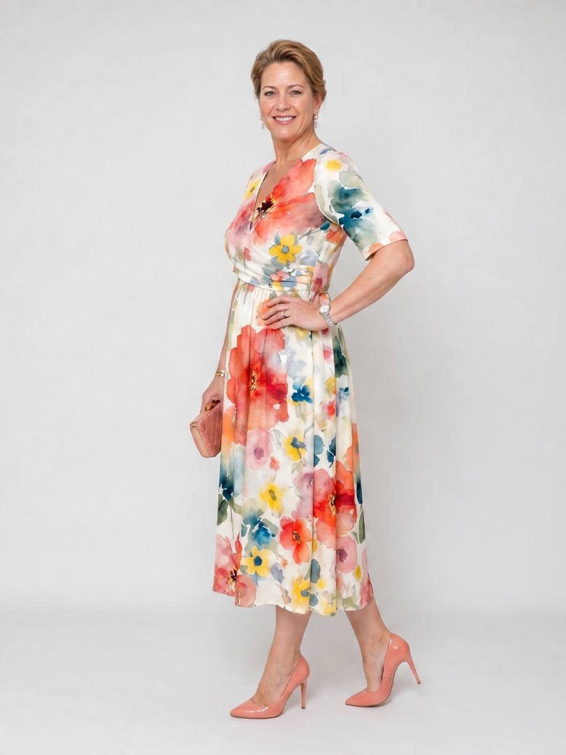 Corinne | Vestido midi con estampado floral, escote en V y mangas cortas