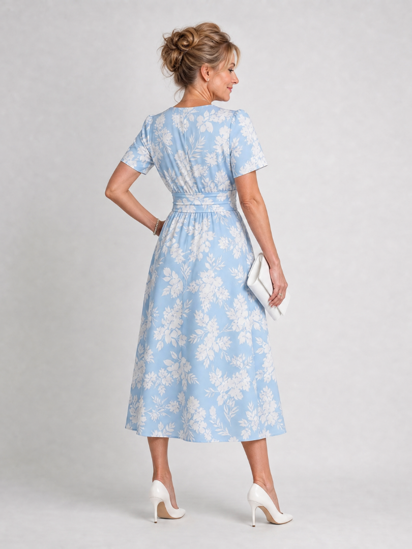 Marion | Vestido midi con estampado floral, escote en V y mangas cortas