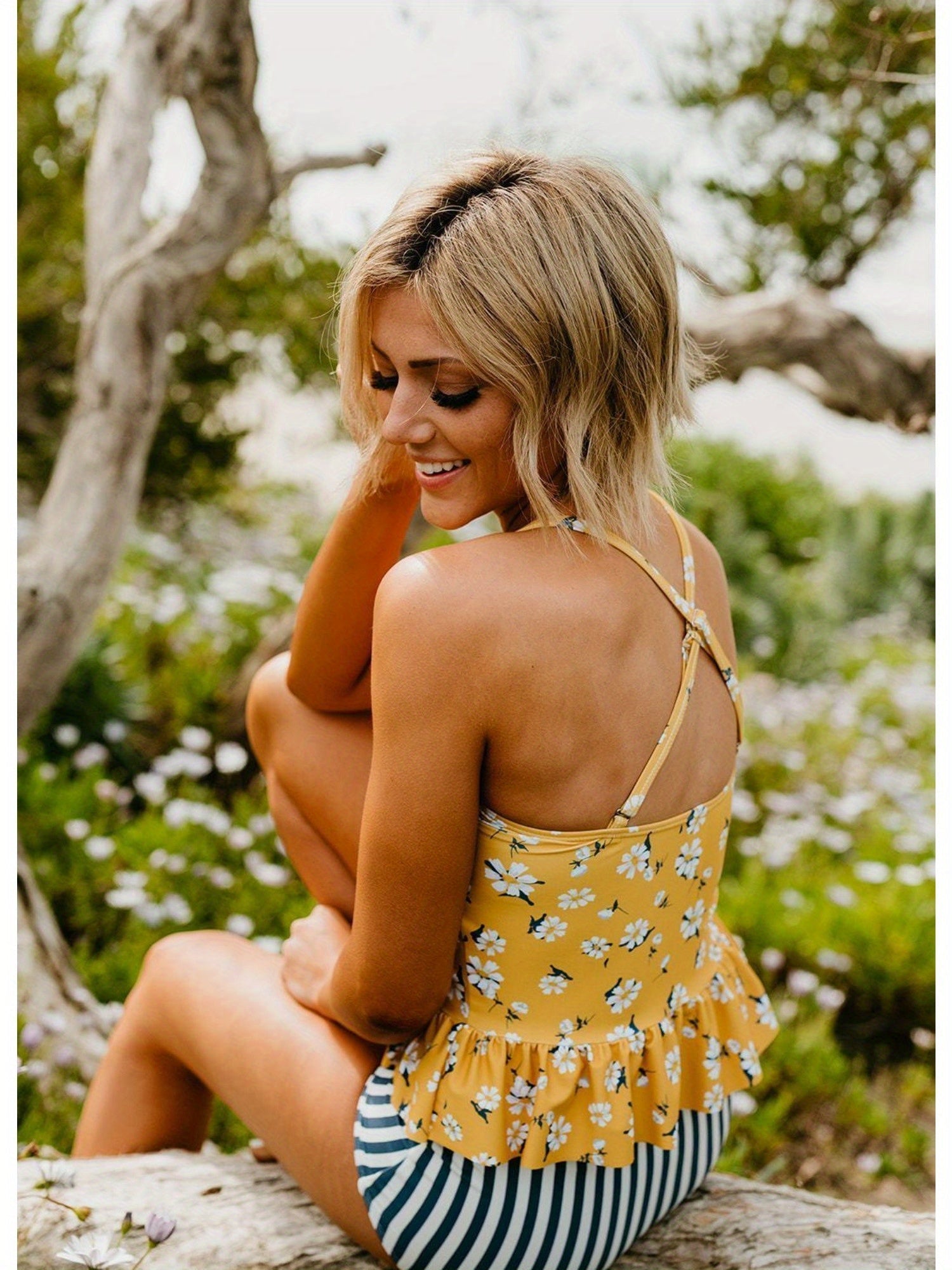 Emoswims - Peplum Tankini Swim In Mustard Daisy