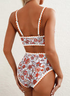 Emoswim - Women's Bikini Sets Floral Print Whip Stitch 2 Piece Swimsuits High Waisted Scoop Bathing Suits