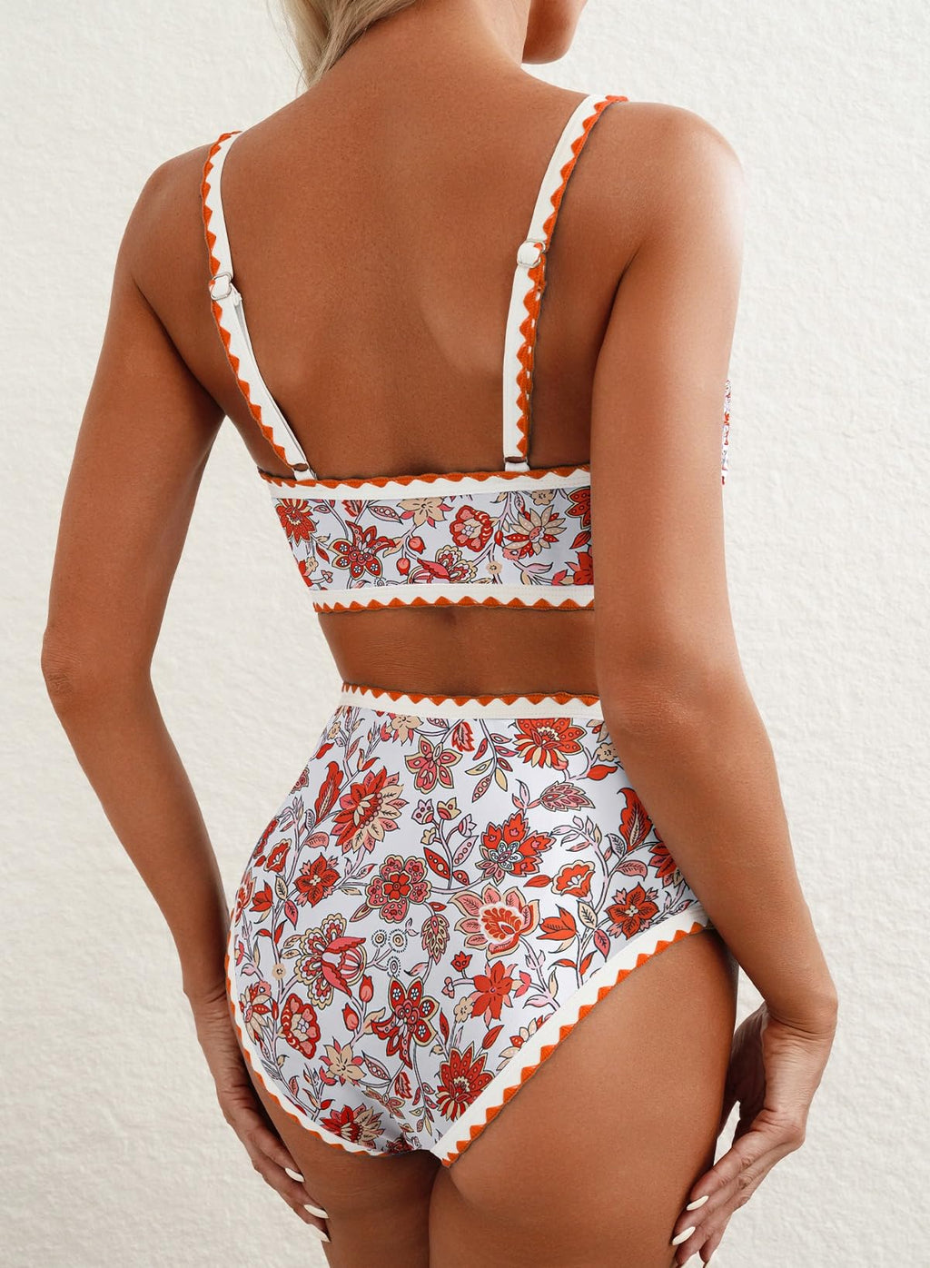 Emoswim - Women's Bikini Sets Floral Print Whip Stitch 2 Piece Swimsuits High Waisted Scoop Bathing Suits