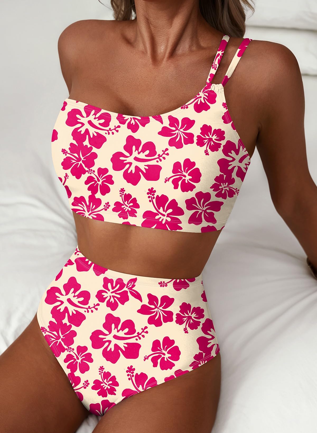Emoswim - Women's High Waisted Bikini Sets One Shoulder Floral Print Swimsuits 2 piece Tummy Control Bathing Suits
