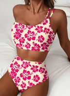 Emoswim - Women's High Waisted Bikini Sets One Shoulder Floral Print Swimsuits 2 piece Tummy Control Bathing Suits