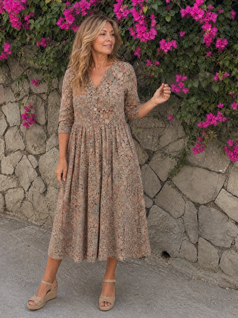 Picao | Vestido midi de aire vintage con abertura frontal y mangas tres cuartos